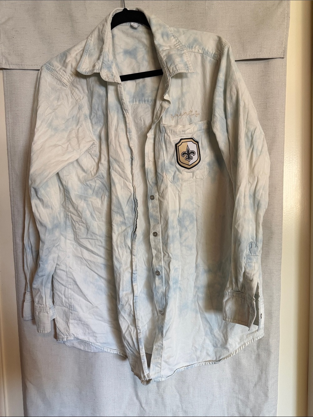 Light Blue Tie-Dye Button-Up Shirt New Orleans saints with Fleur-de-Lis Patch